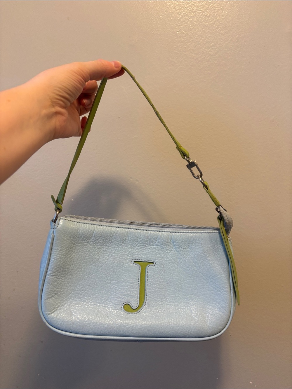 Light Blue Leather Shoulder Bag with Green J